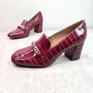 Block Heel Pump Red Croc Embossed Patent Leather Dressy Heeled Chain Loafer Shoe